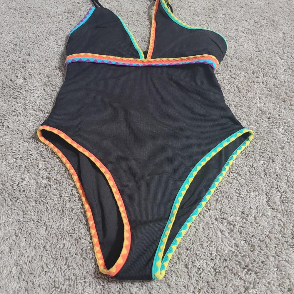 Black One-Piece Swimsuit with Rainbow Trim